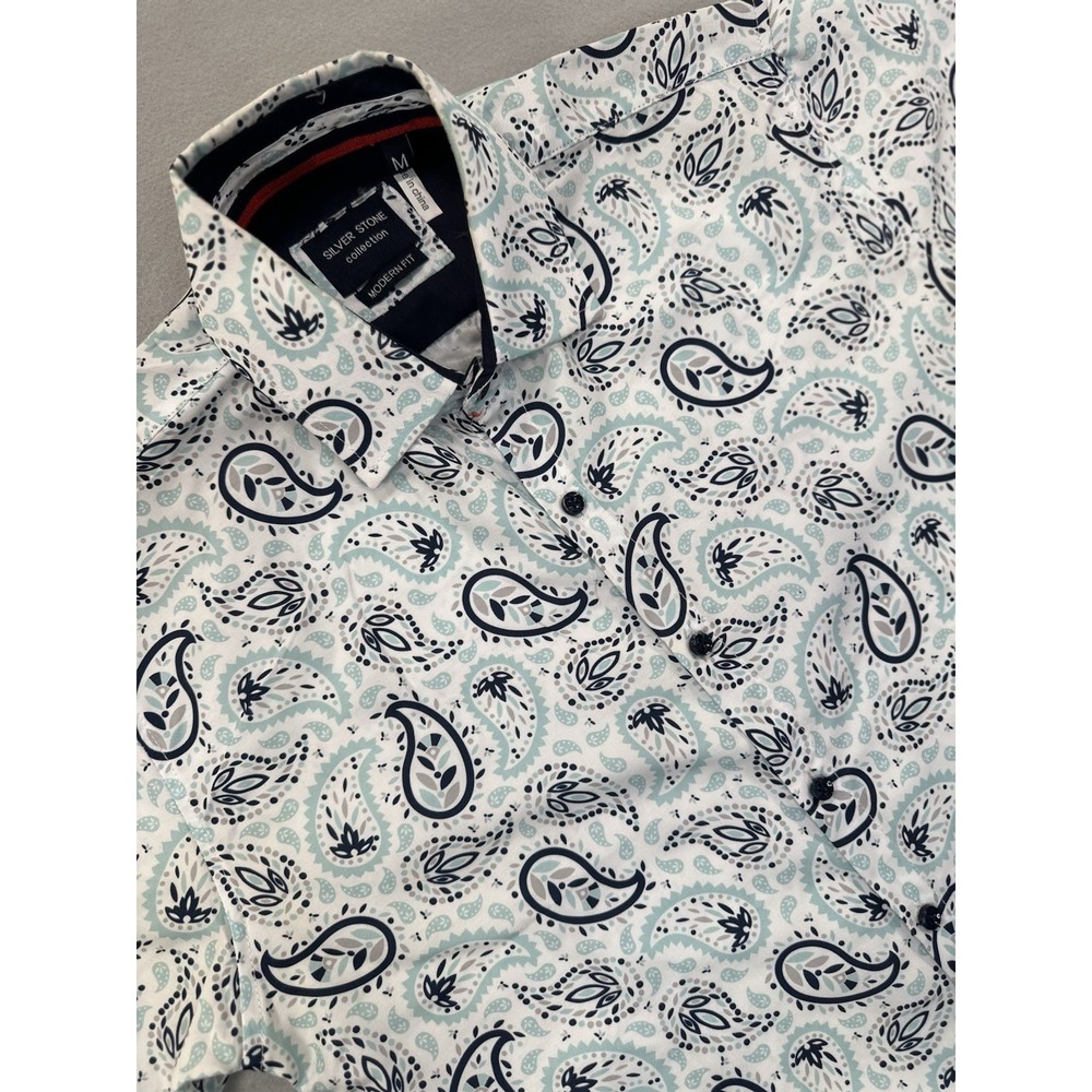 Silver Stone Men's Paisley Short Sleeve Shirt Size M Button Up Blue White